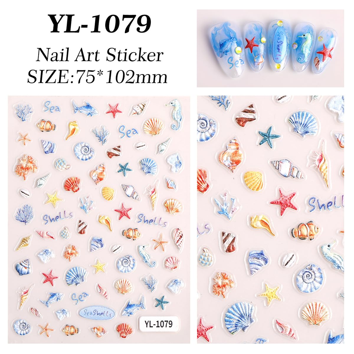 5D Embossed Summer Nail Stickers Jellyfish Seashell Starfish Conches Ocean Nail Decals Engraved Nails Supplies Tropical Beach Self-Adhesive Nail Art Sticker for Women Girls Fingernail Decorations