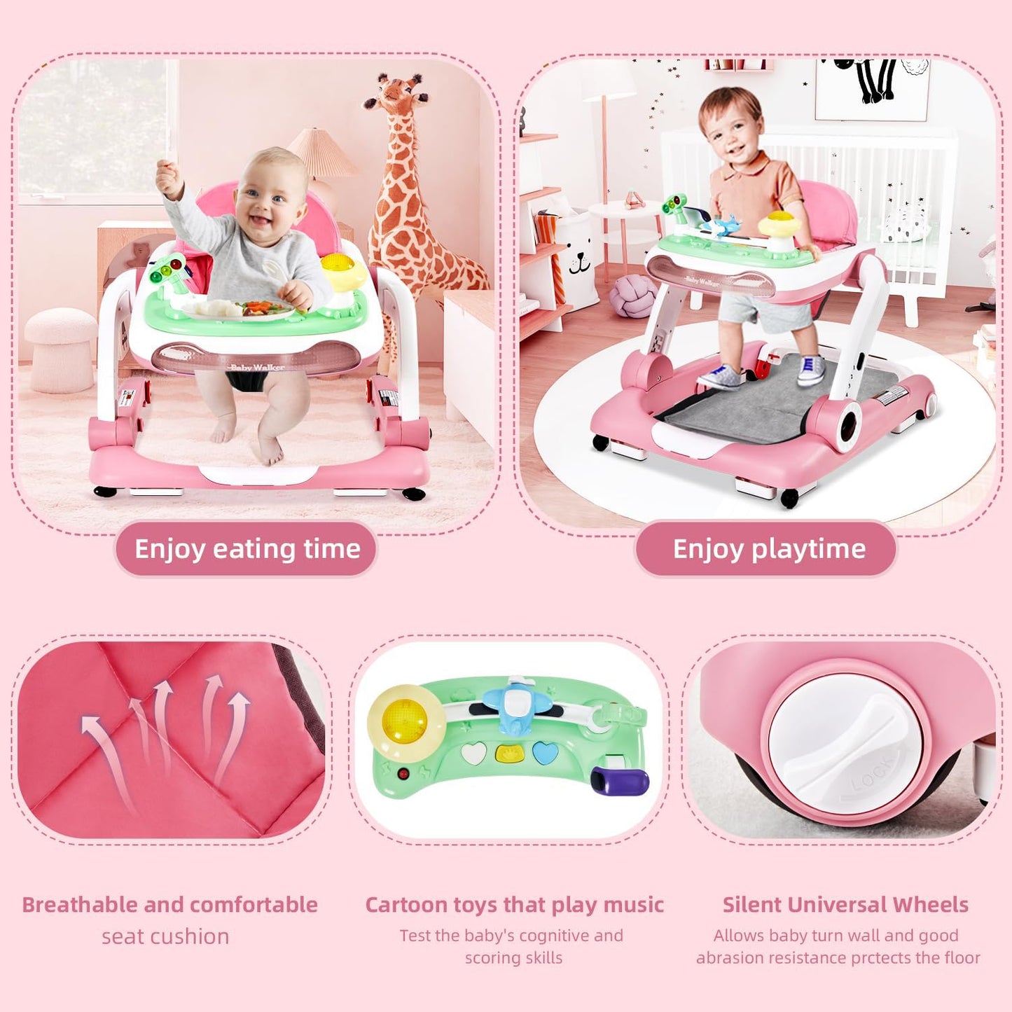 5-in-1 Baby Walker with Wheels, Baby Walkers for Boys Girls 6-18 Months, Foldable Adjustable Walker with Bouncer, Feeding Tray, Music & Detachable Footrest(Pink)