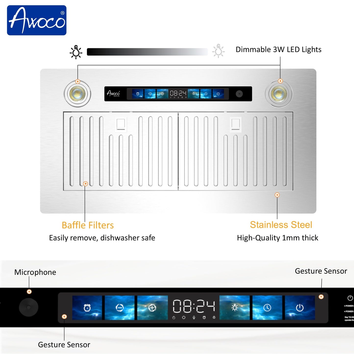 Awoco 28"Wx15"D Ceiling Insert Mount Split Quiet Range Hood with Voice, Gesture, Touch, Remote Controls, 1000 CFM Kitchen Hood with 4-Speed Exhaust Fan, Stainless Steel Stove Hood with 8" Blower