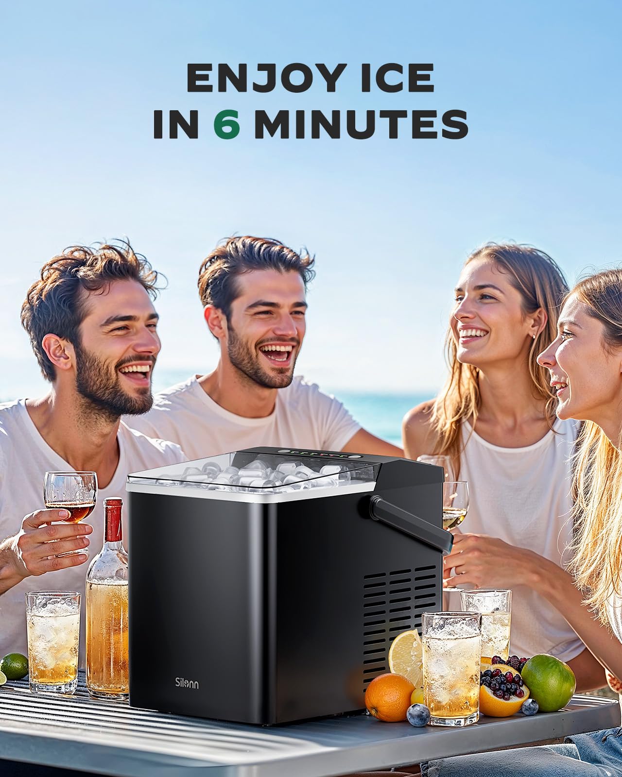 Silonn Portable Ice Maker, Ice Maker Countertop with Carry Handle, Self-Cleaning 1.8L Water Tank Large Ice Basket, Ice Machine Produces 9 Cubes in 6 Min Perfect for Home Kitchen and RV
