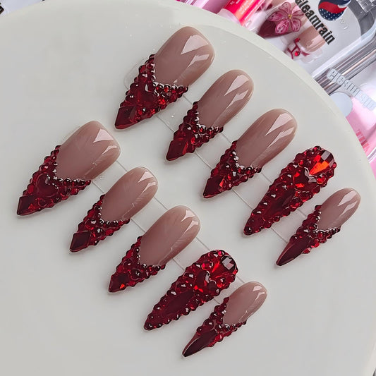 Gleamrain French Stiletto Press on Nails Nude Base Red Rhinestone Decor Glamorous for Prom and Party Birthday Gift for Women M Size 1132HD