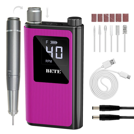 BETE Professional Nail Drill, 40000 RPM Cordless Electric Nail File Kit with 6 Bits, Rechargeable Efile for Acrylic Gel Nails Polishing, Manicure Tools for Salon Home Use, Rose Red