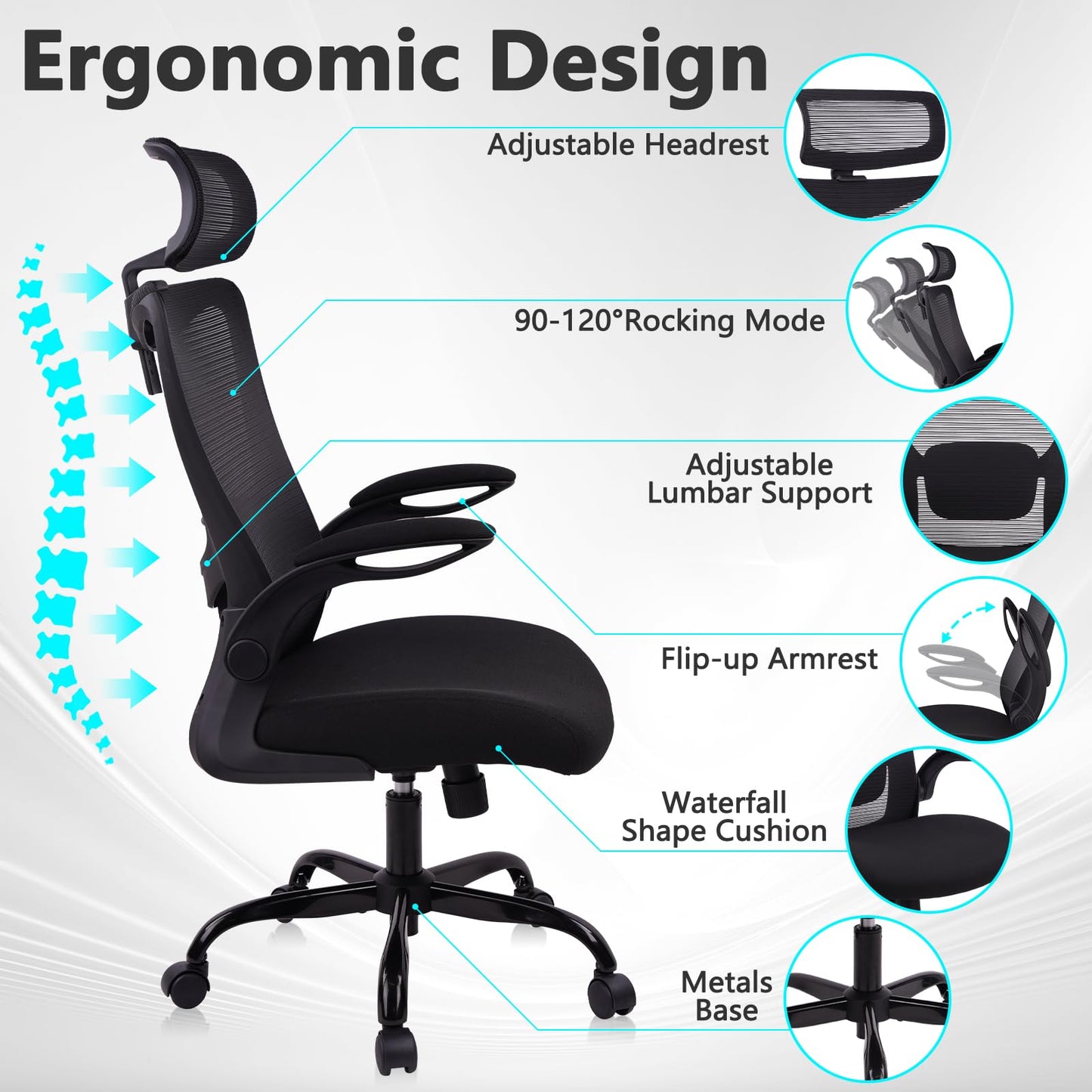 CLATINA Heavy Duty Ergonomic Mesh Office Chair 400LBS, Big and Tall Desk Chair with Adjustable Lumbar Support & Headrest, Flip Up Padded Arms, Swivel Computer Chair for Home, Conference, Black, 6 PACK
