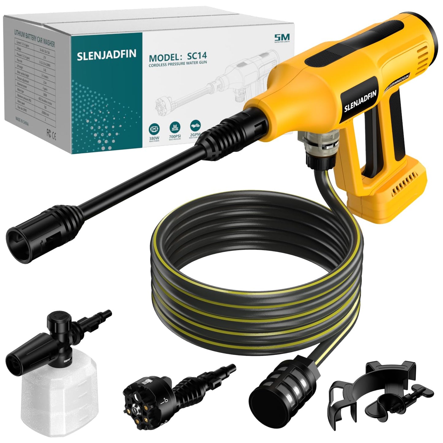 Cordless Pressure Washer for Dewalt 20V Battery 700 PSI Portable Handheld Power Washer with 6-in-1 Nozzle Foam Cannon for Car Floor Fence Wall Cleaning (Battery Not Included)