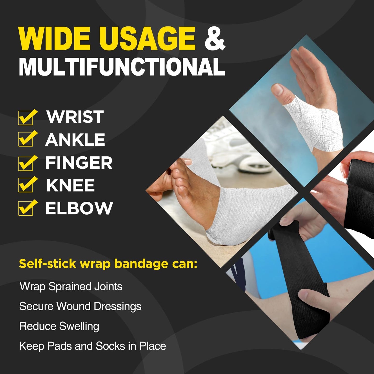 OK TAPE 12 Rolls Self Adhesive Bandage Wrap, Elastic Athletic Tape, Self Stick Bandage Tape, Vet Wrap, Medical Wrap for Wrist, Feet, 2" x 5 Yards - Black"