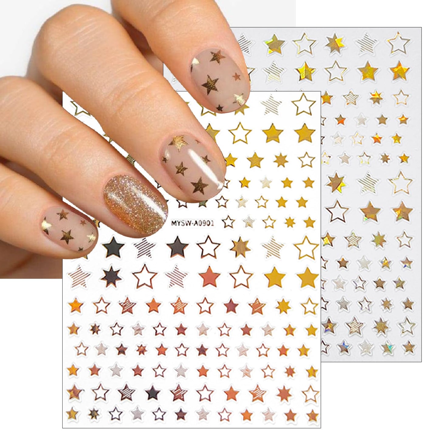 9 Sheets Shiny Twill Star Nail Stickers 3D Self-Adhesive Holographic Laser Color Gold and Silver Five-Pointed Star Design Women Girls Nail Art Decoration