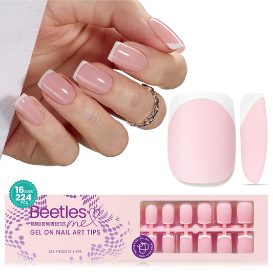 Beetles Short Square French Tip Press on Nails, 224Pcs French Tip Press on Nails Pink Short Square Shape Nail Tips, No Need to File Fake Nails for Nail Art DIY Gifts for Women