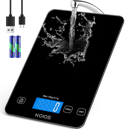 KOIOS Food Scale, 33lb/15kg Digital Kitchen Scale Weight in Grams and Ounces for Cooking Baking, 1g/0.1oz Precise Graduation, Batteries and Type-C Charging, Tare Function, LCD Display, Black