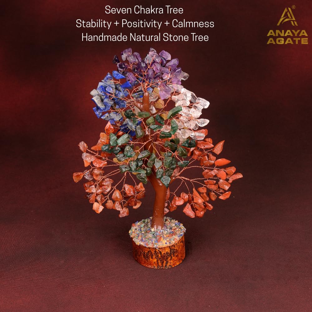 ANAYA AGATE 7 Chakra Crystal Tree of Life w/Healing Necklace & Chakra Bracelet - Gemstone Money Bonsai Trees for Women,Crystal & Healing Stone, Tree for Home, Office, LivingRoom Decor