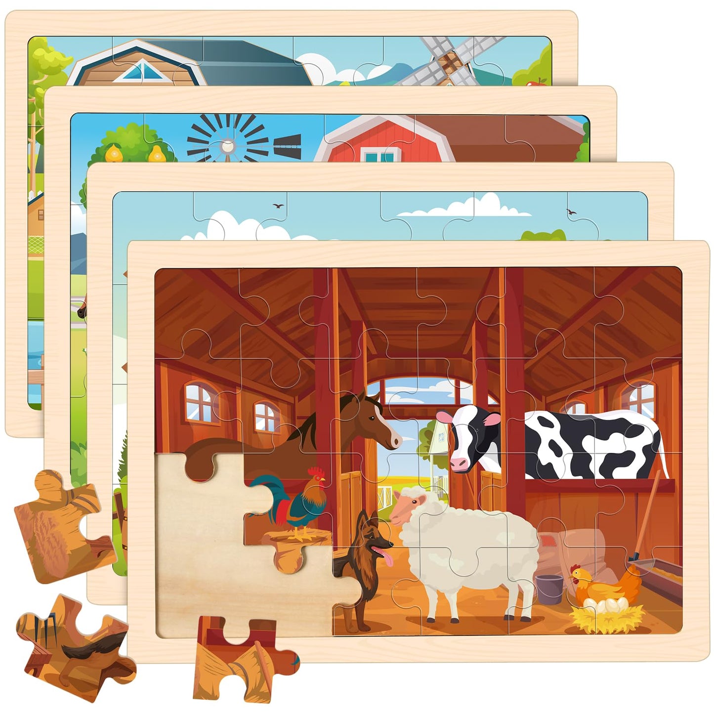4-in-1 Farm Wooden Puzzles for Kids Ages 4-6, 24 PCS Wooden Jigsaw Puzzles for Toddlers Ages 3-5, Preschool Educational Puzzles Boards Toys Gifts for 3 4 5 6 Boys Girls