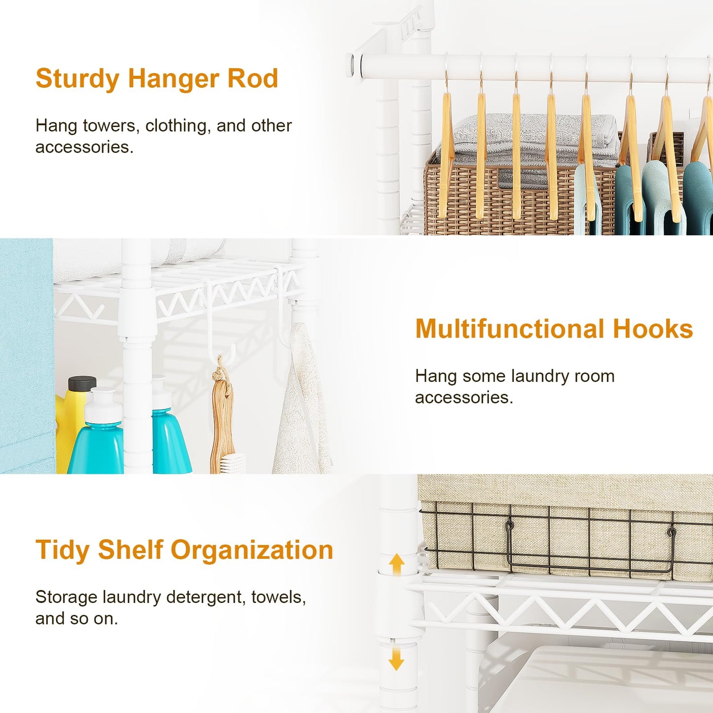 ULIFHOME U14 Over Washer and Dryer Storage Shelves, 4 Tiers Laundry Room Storage and Organizer System, Space Saving Clothes Drying Rack with 2 Clothes Hanger Rods, 66.5" W x 20.5" D x 77.4" H, White
