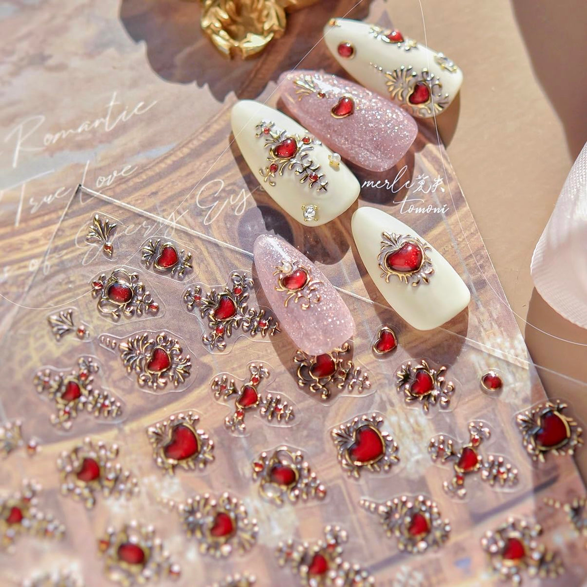 Phuryllic 3D Nail Stickers for Nail Art, Embossed Self-Adhesive Cute Nail Charms & Decals for DIY Nails, Easy-to-Apply Nail Design Supplies & Accessories for Home Manicure-Cross Shape Red Heart