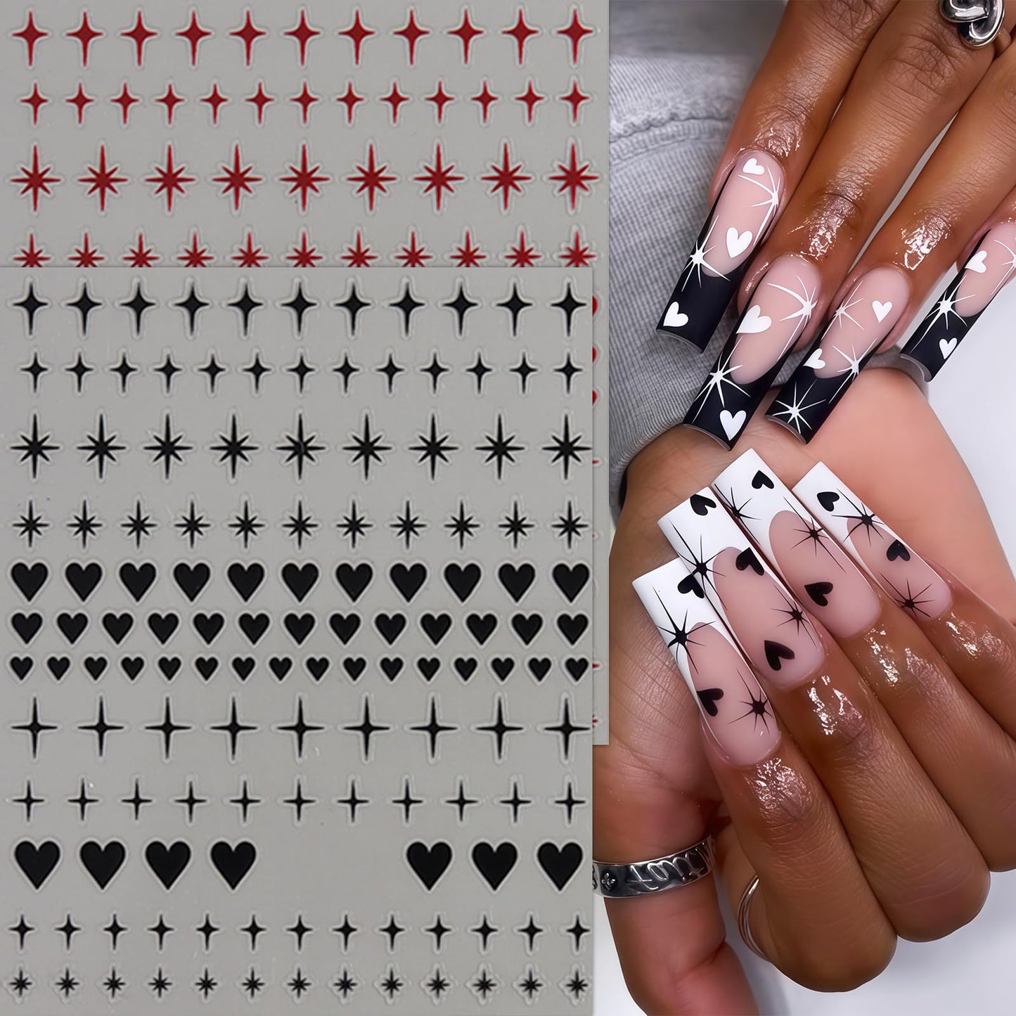 8 Sheets Gold Silver Heart Nail Art Stickers 3D Valentines Nail Decals Gold Silver Black Red Star Peach Heart Design Nail Stickers Cute Heart Nail Supplies for Women Acrylic Manicure Decoration DIY