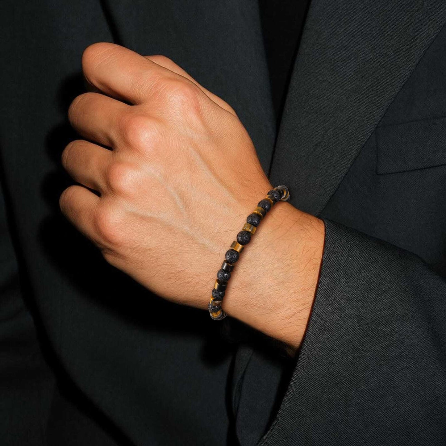 TRUMIUM Beaded Bracelets for Men Women Natural Hematite 6mm Tiger Eyes Mens Bracelet Gemstone Jewelry for Him 8.3 Inch Length