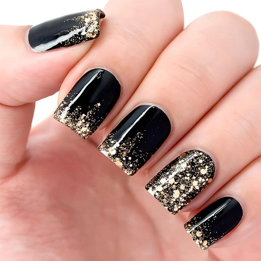 Taoyisent Black and Gold Glitter Press On Nails, Elegant Square False Nails with Sparkly Gradient Design, Easy to Apply Press On Nail Kit for Women, 24 Pcs