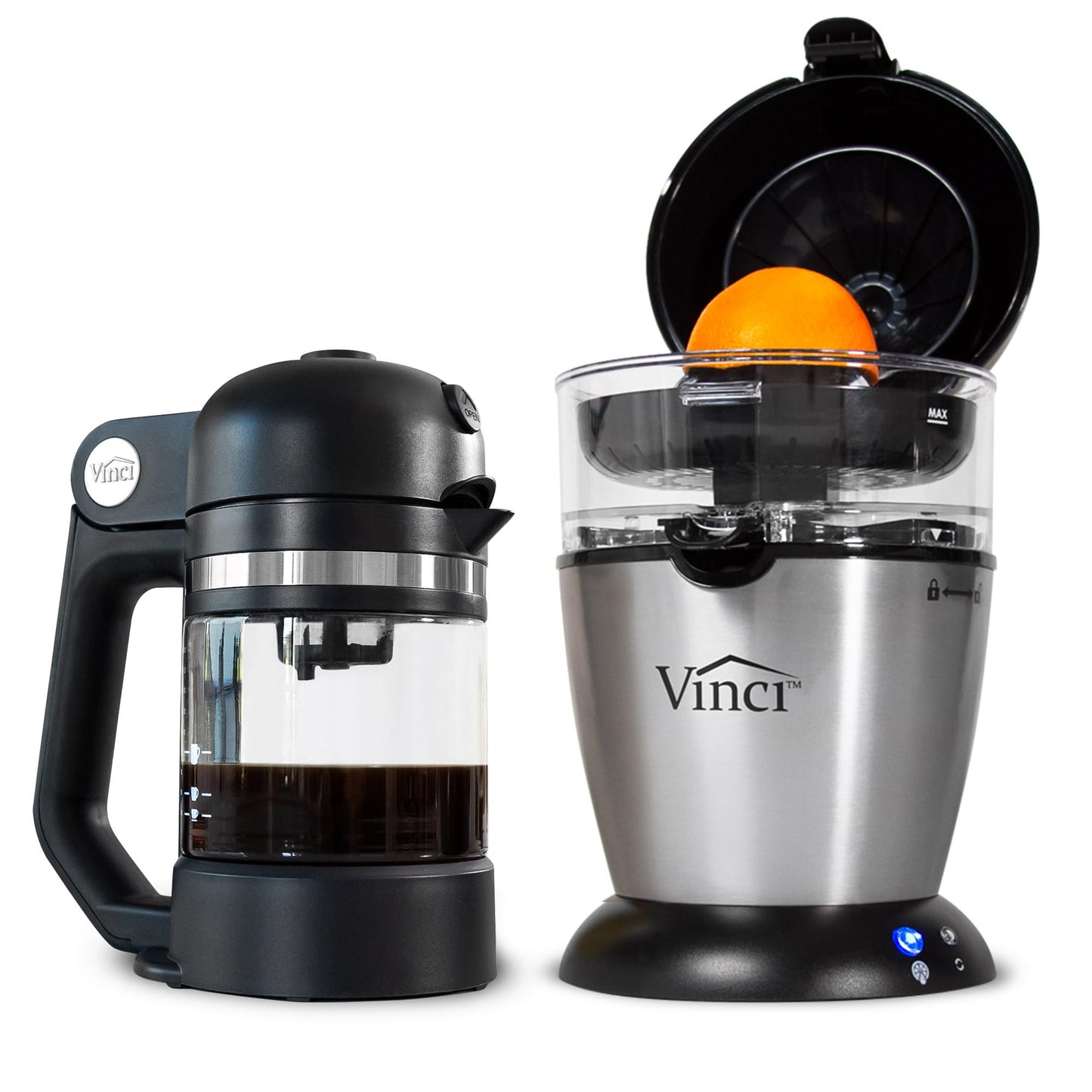 Vinci Breakfast Beverage Bundle: Hands-Free Electric Citrus Juicer & Micro Cafe K-Cup Brewer – Automatic Orange Squeezer Machine Plus Compact Single Serve Coffee Maker perfect for Coffee & Juice