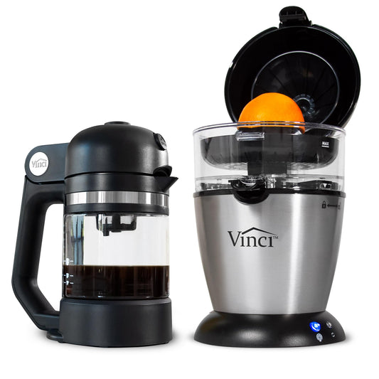 Vinci Breakfast Beverage Bundle: Hands-Free Electric Citrus Juicer & Micro Cafe K-Cup Brewer – Automatic Orange Squeezer Machine Plus Compact Single Serve Coffee Maker perfect for Coffee & Juice