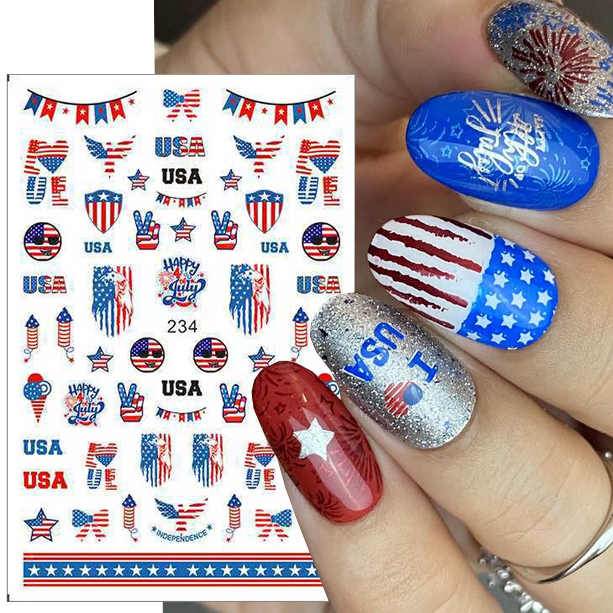 6Pcs/Celebrate 4th of July Nail Stickers for Nail Art Set - Independence Day Fireworks USA America UK Flags Adhesive Nail Art Sticker Decals DIY Patriotic Manicure Sliders Decorations Supplies