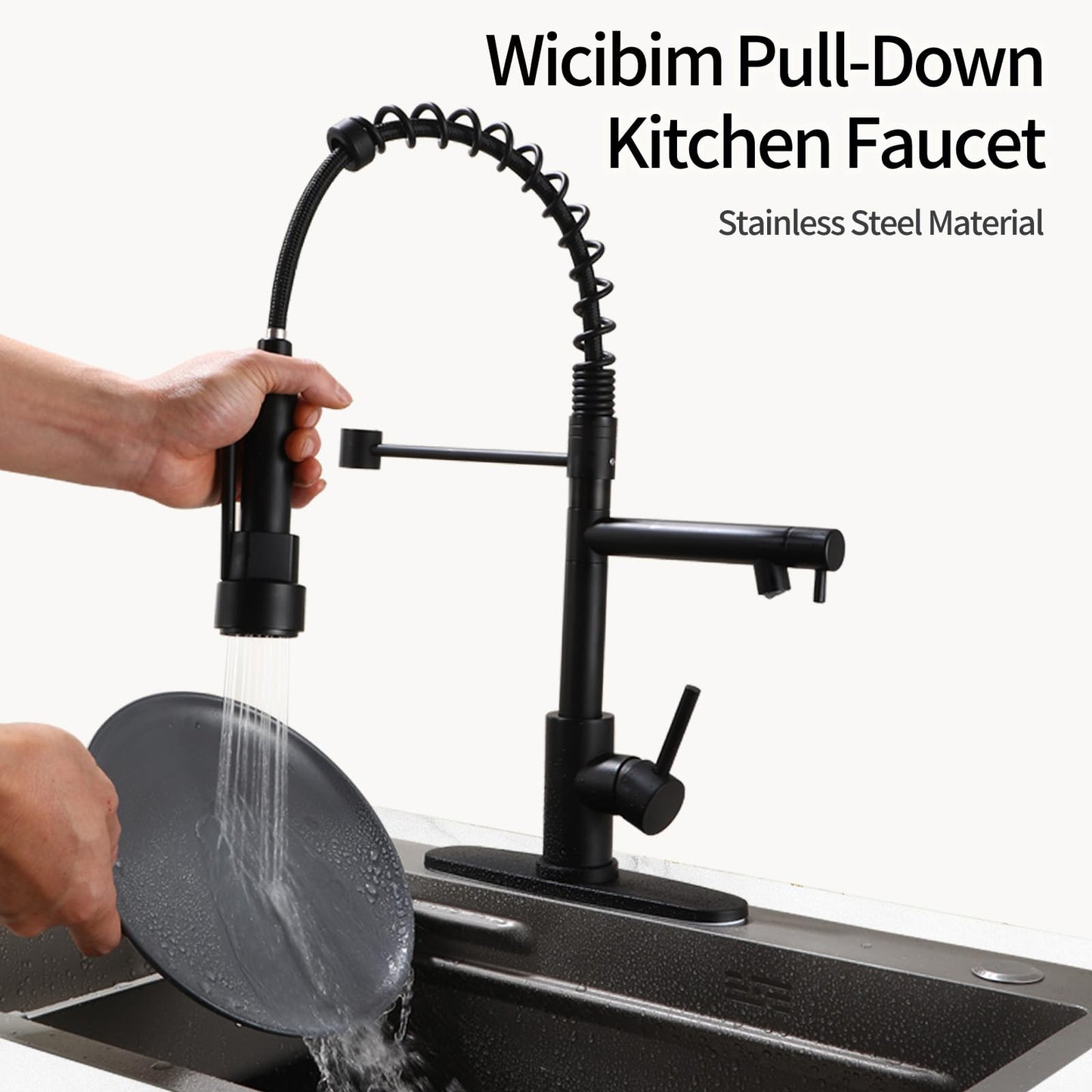Wicbim Kitchen Sink Faucet with Pull Down Sprayer Contemporary Stainless Steel Single Handle Spring Kitchen Faucets Double-Headed with Deck Plate