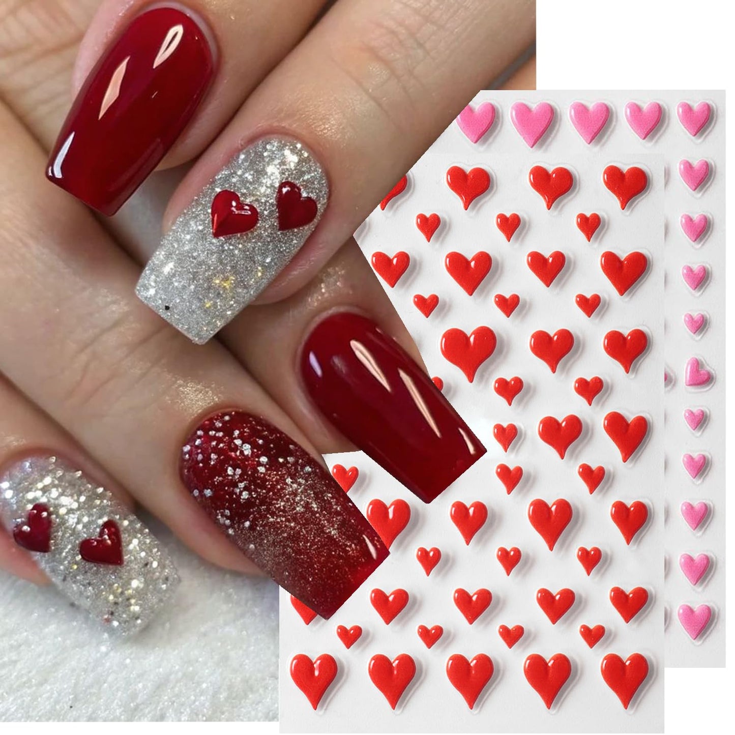 4Pcs Valentine's Nail Art Stickers Decal - 5D Embossed Pink Heart-Shaped Nail Stickers with Adhesive for Valentines Romantic Love Red Hearts Nail Transfer Slider Sticker for Women Manicure Decor
