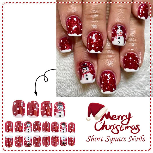 Christmas Snowman Fake Nails Red Press on Nails Winter Short False Nails with Snow Designs Xmas Full Cover Glue on Nails Cute Artificial Acrylic Nail Christmas Stick on Nail for Women