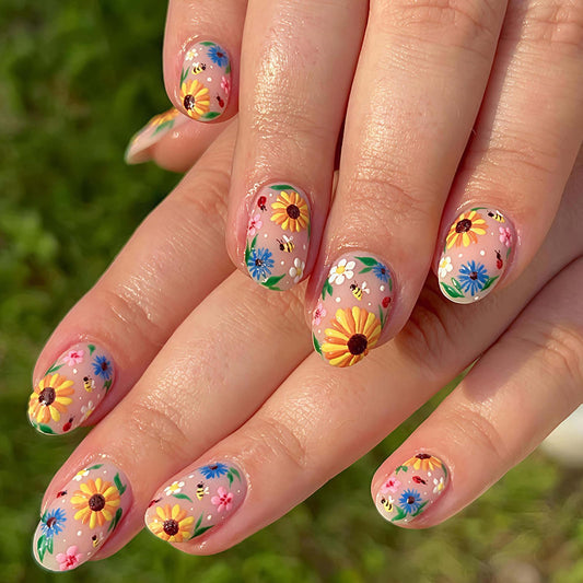 Flowers Press on Nails Spring Fake Nails Medium Oval False Nails with Floral,Bee Designs Glue on Nails Press ons Stick on Nail Full Cover Artificial Nail for Women Manicure 24Pcs