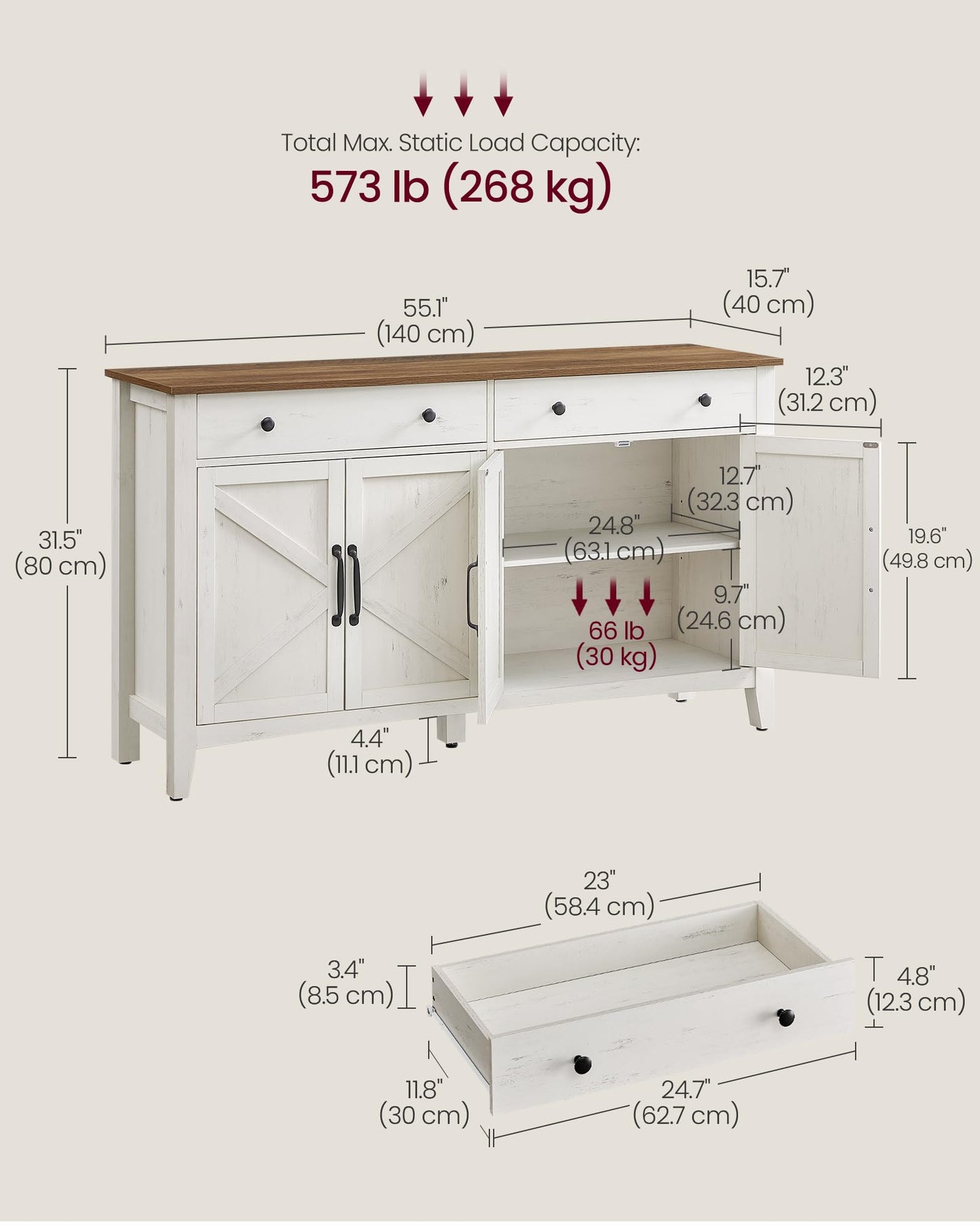 VASAGLE LIRY Collection - Buffet Cabinet, Coffee Bar Cabinet with 2 Drawers, Adjustable Shelves, Sideboard Storage with Cable Holes, Drawer Dividers, Rustic White and Honey Brown UBBK381W01