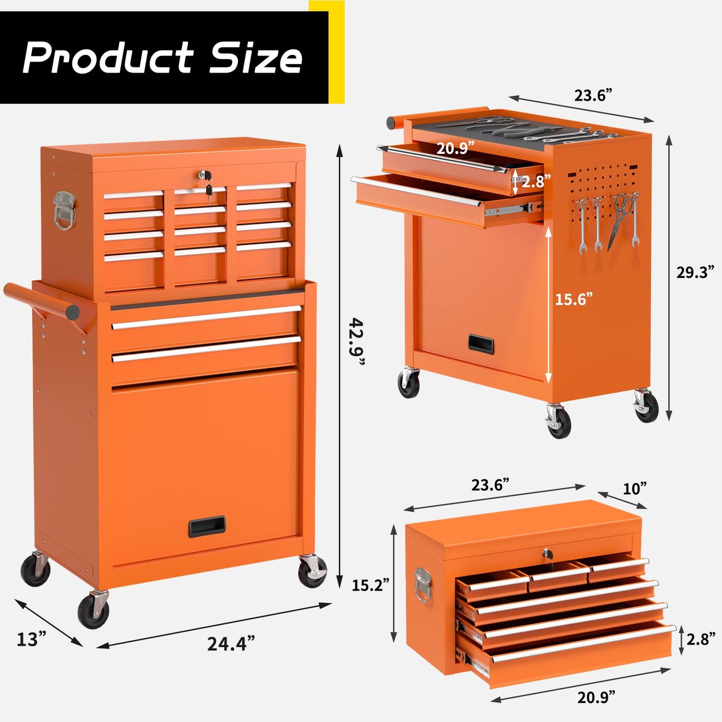 On Shine 8 Drawer Rolling Tool Chest, Large Capacity Rolling Tool Box with Wheels, Locking Mechanical Tool Chest, Portable Tool Box with Sliding Drawers,Metal Tool Box for Garage Workshop (Orange)