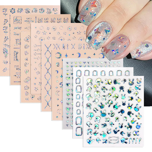 9 Sheets 3D Self-Adhesive Flower Love Nail Art Stickers Moon Stars Lines and Cute Rabbit Design Nail Decals Holographic Laser Nails Stickers Decoration Suitable Women Daily DIY Manicure Supplies Set
