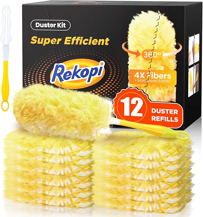 Heavy Duty Duster Refills for Swiffer Duster, 12 Count Duster Refills with 1 Handle, Multisurface 360Â° Dusters with 4X Microfibers, Unscented Disposable Dusters for Cleaning