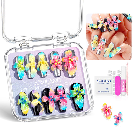 SAVILAND Handmade 3D Press on Nails Kit: Instant Transformation Press on Nails Long Lasting with Nail Glue Nail Adhesive Tabs 10Pcs Flower Fairyland Nail Tips No U V Need (Size M/S)