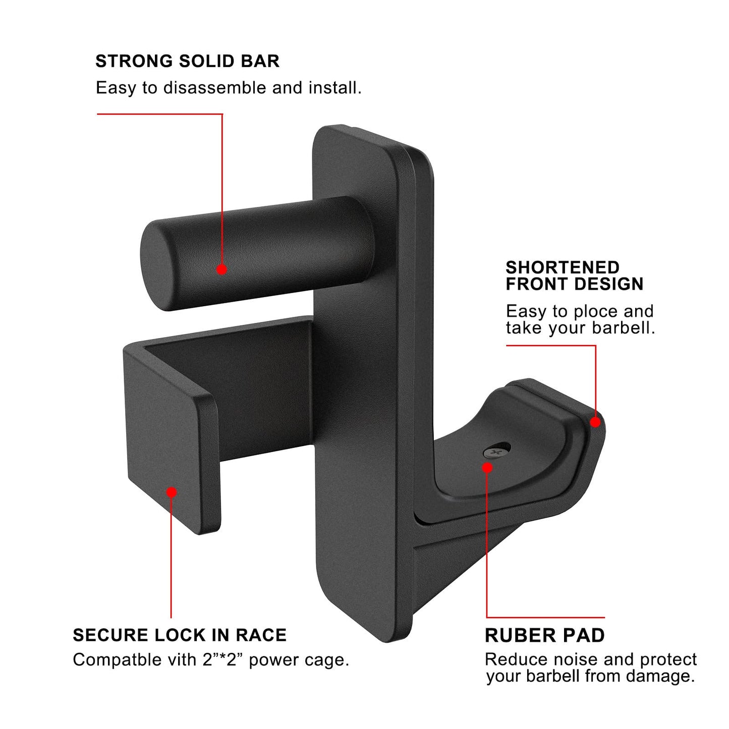 Kipika J-Hooks for 2" x 2"" Power Rack with 1"" Hole - Bottom Reinforced Steel Hooks with Rubber Pads - Heavy Duty Power Rack Attachments - Squat Rack Accessories for Strength Training - Set of 2"
