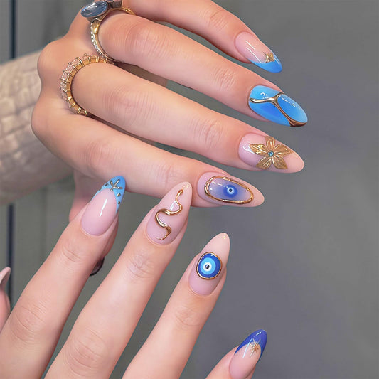 octoswave Press on Nails Medium Almond Fake Nails Blue French Artificial Nail Flowers and Gold Charm Stick on Nail for Women 24pcs