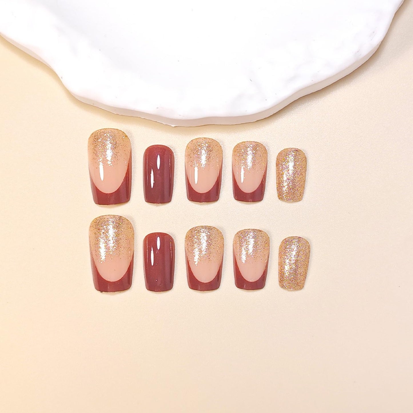 IMSOHOT Brown Press on Nails Short Square Fake Nails Golden Glitter False Nails Glossy Sparkly Autumn Acrylic French Tips Full Cover Glue on Nails for Women Manicure