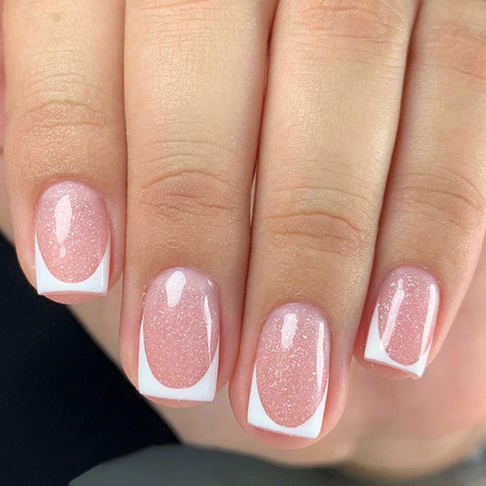 CTTHNBD Press on Nails Square - Medium, White French Tip Fake Nails - Glossy Glitter Full Cover Stick on False Nails - for Women 24 Pcs