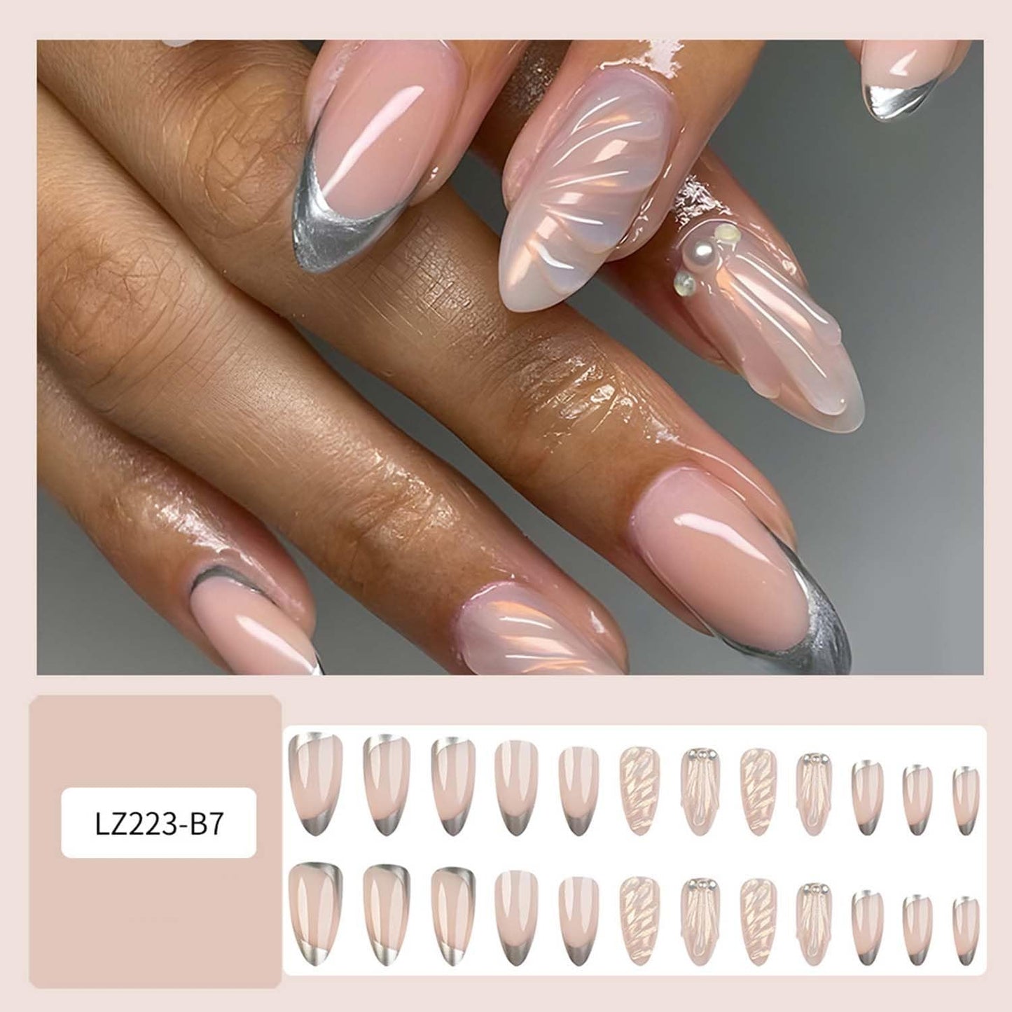 Medium Press On Nails Almond Fake Nails 3D With Pearls Design French Tip False Nails Nude Acrylic Full Cover Glue On Nail Reusable Stick On Nail For Women Manicure Art 24pcs