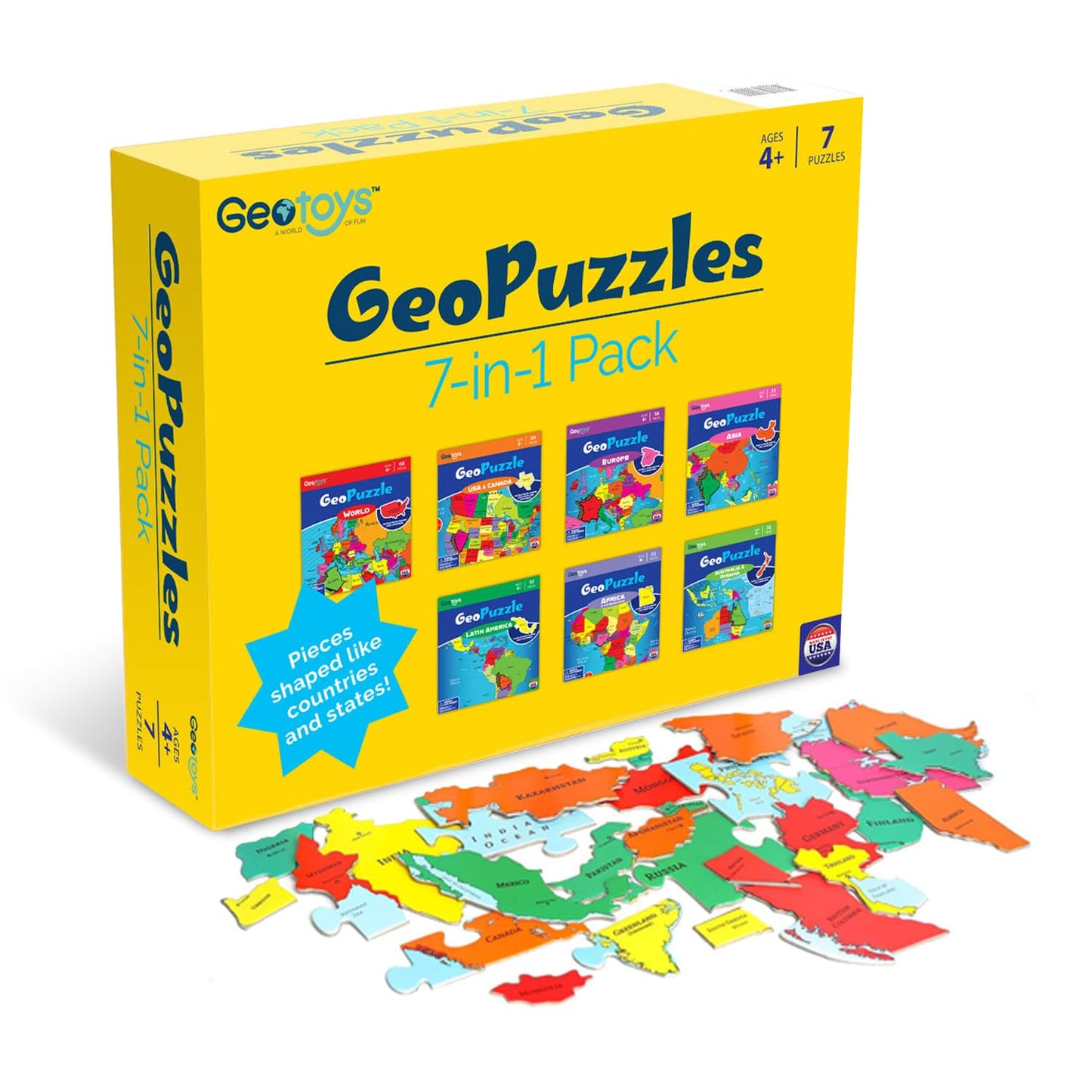 GeoToys GeoPuzzle, Country-Shaped Jigsaw Puzzles Set of 7 in One Box, Geography Puzzle, Map Puzzle - Jigsaw Puzzles for Kids Ages 4+ Years Old, Stocking Stuffers for Kids