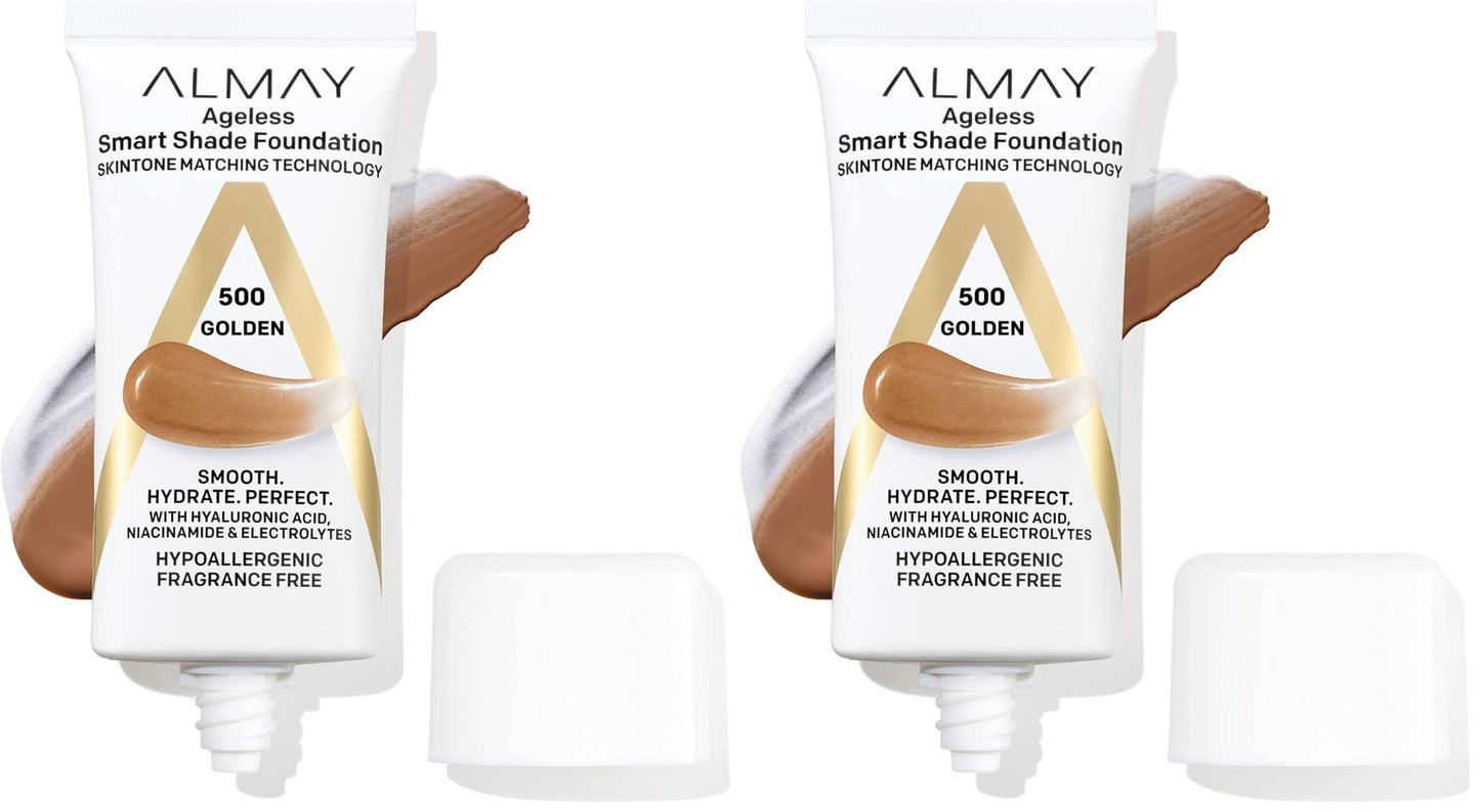 Almay Anti-Aging Foundation, Smart Shade Face Makeup with Hyaluronic Acid, Niacinamide, Vitamin C & E, Hypoallergenic-Fragrance Free, 500 Golden, 1 Fl Oz (Pack of 2)