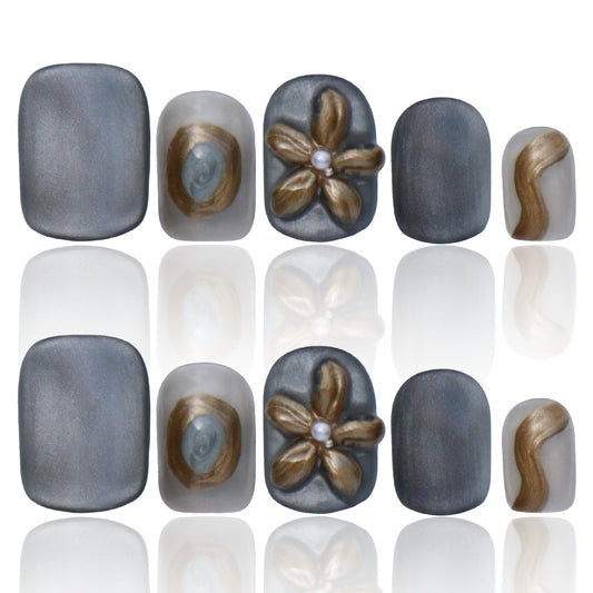 Handmade Press On Nails Cute Flower Nails 3D Blue Press On Nails With Designs Acrylic Nails COOLYOUNG Nails, Size M