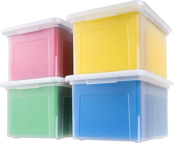 IRIS USA File Box, Plastic File Organizer with Lids for Letter/Legal File, Portable Document Box For Moving, Storage Bin with Durable and Secure Lid, Stackable Nestable BPA-Free, Clear 35 Qt. 4 Pack