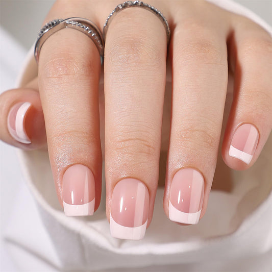 CUZIAM Soft Gel Press On Nails Short Square, 32pcs 16 Sizes Reusable Glossy French Tip Stick On Nails with Glue, Supremely Fit Seamless Natural Nude Easy Salon Gel Nail Art Manicure-Classic French