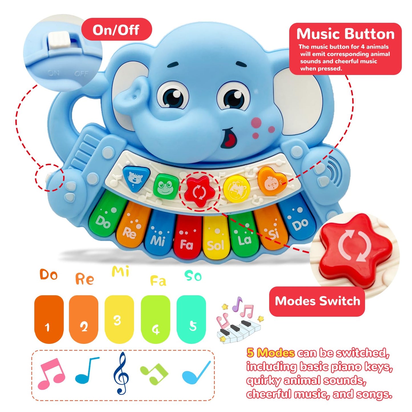 Baby Music Toys for Toddlers, Light Up Music Baby Toys for 18+ Months Early Learning Educational Piano Keyboard Infant Toys Baby Boy Girl Gifts (Elephant)