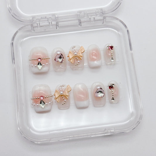 NLSJMP,10Pcs,Size M,French bow, Handmade Short Square Press on Nails French Tip,Ombre Acrylic Fake Nails Kit,Pearl Glitter Design 3D Nail Art Kit,Reusable False nails,Include Toolkit