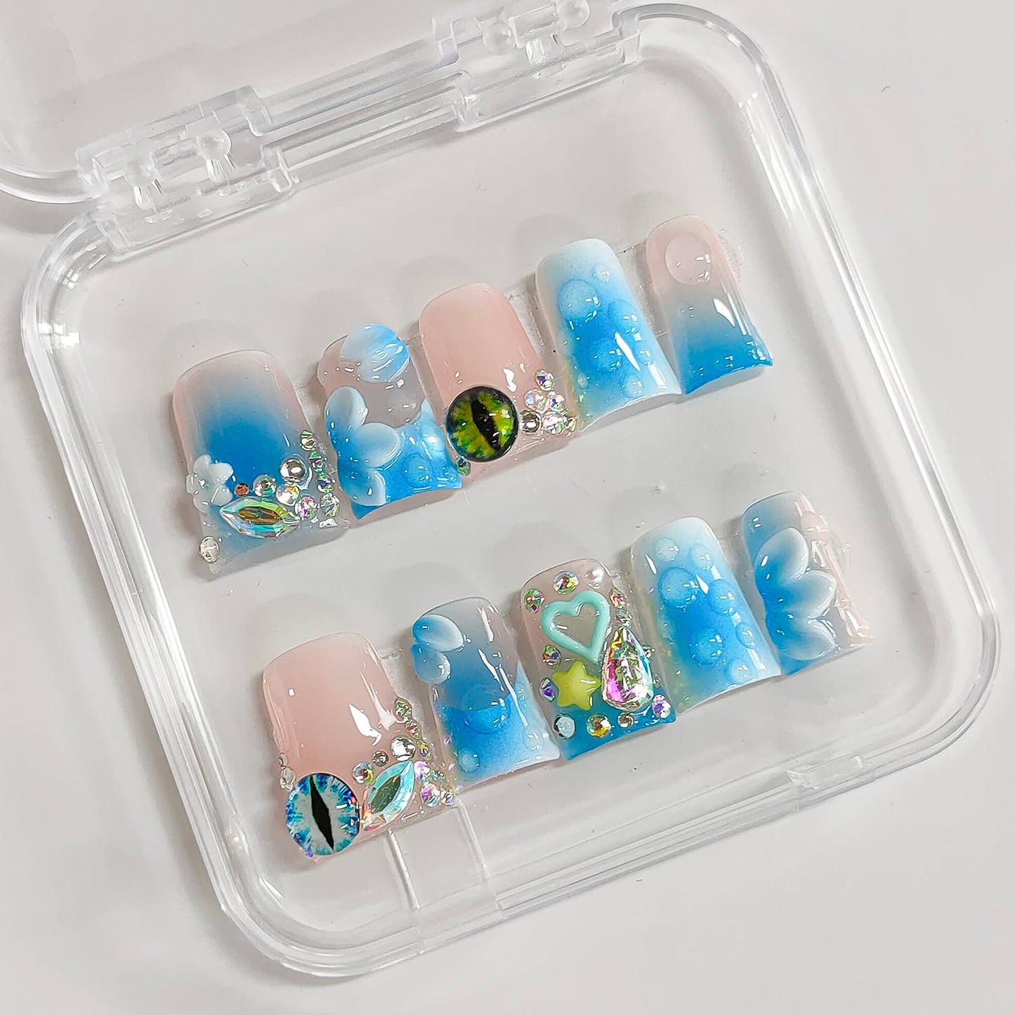 Handmade Press on Nails Short Duck 3D Floral Thick Acrylic Fake Nails French Tip False Nails with Rhinestones Flower Eyes Charms Designs Nail Blue Sturdy Art Press on Nail 10Pcs(S)