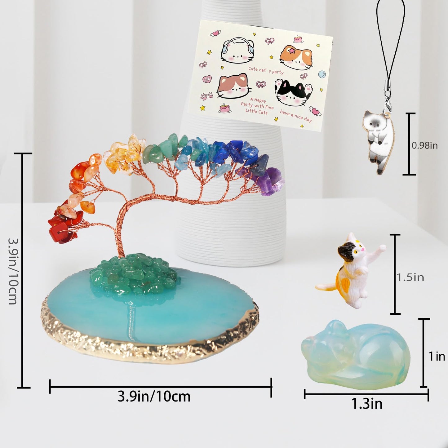 Dreamgirnh Opal Cat Chakra Crystal Tree and Healing Stones Cute Sleeping Cat Statue Lucky Kitten Figurine Office Bedroom Home Desk Fairy Garden Decoration Cat Lovers Gifts for Women (Opal)