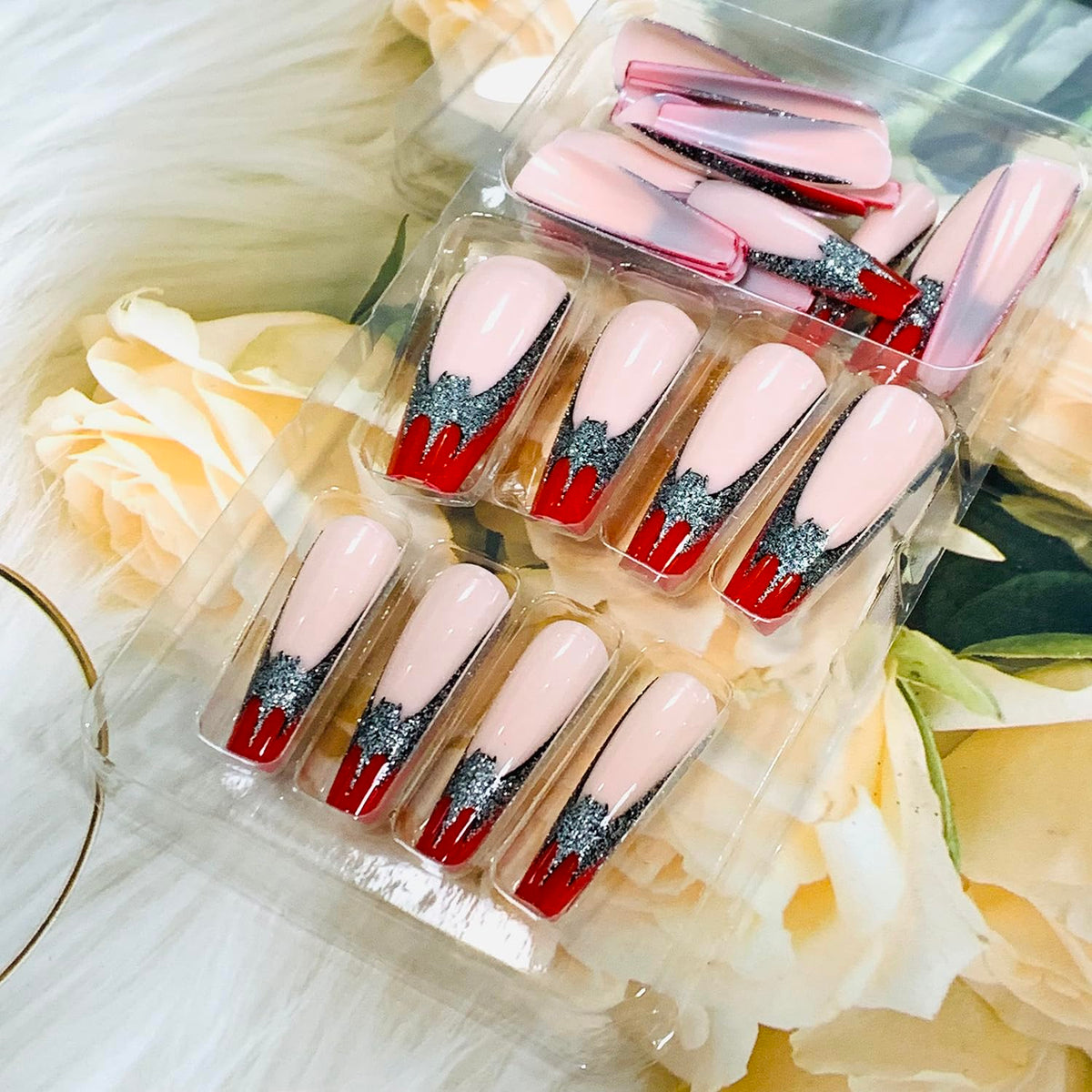 Vezocim Red Press on Nails Coffin Long French Tips Glossy Full Cover Acrylic Square Fake Nails with Bat Designs Extra Long Artificial False Nails Glue Stick on Fingernails with Charm for Women