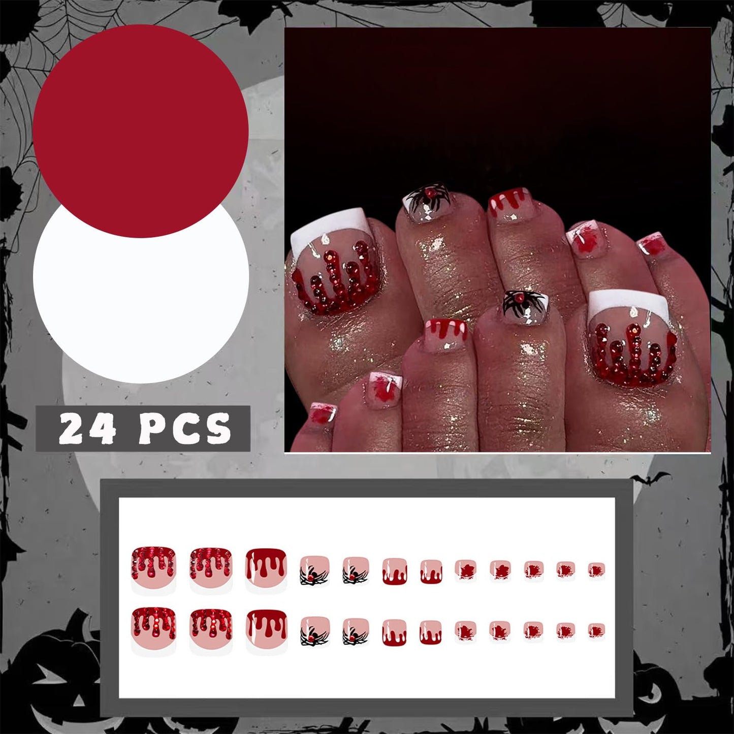 24Pcs Halloween French Press on Toenails Short Square Fake Toe Nails Spider Web Blood Drop with Red Diamond Glossy Horror Spider Acrylic Stick on Toenails for Women Girls Decoration