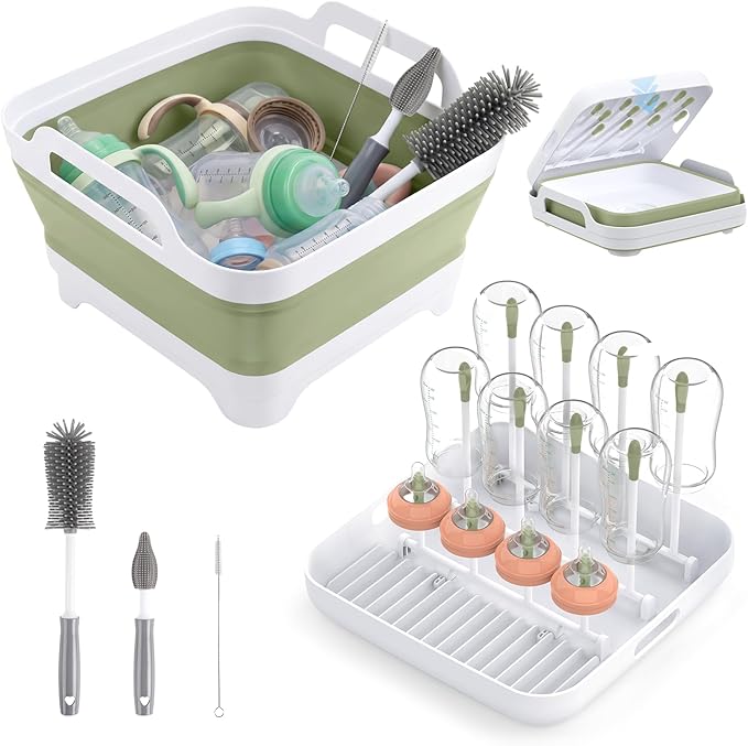 Collapsible Wash Basin for Baby Bottles with Drying Rack â 2.4 Gallon Foldable Dish Tub with Handles, Portable RV Camping Sink & Space-Saving Wash Bin with Lid for Kitchen, Travel & Outdoor, Green