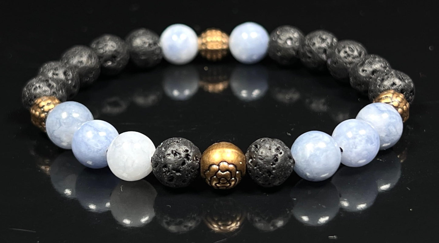 AWAKEN YOUR KUNDALINI Lava Rock & Aquamarine Stretch Bracelet – 8mm Beads, Copper Spacers