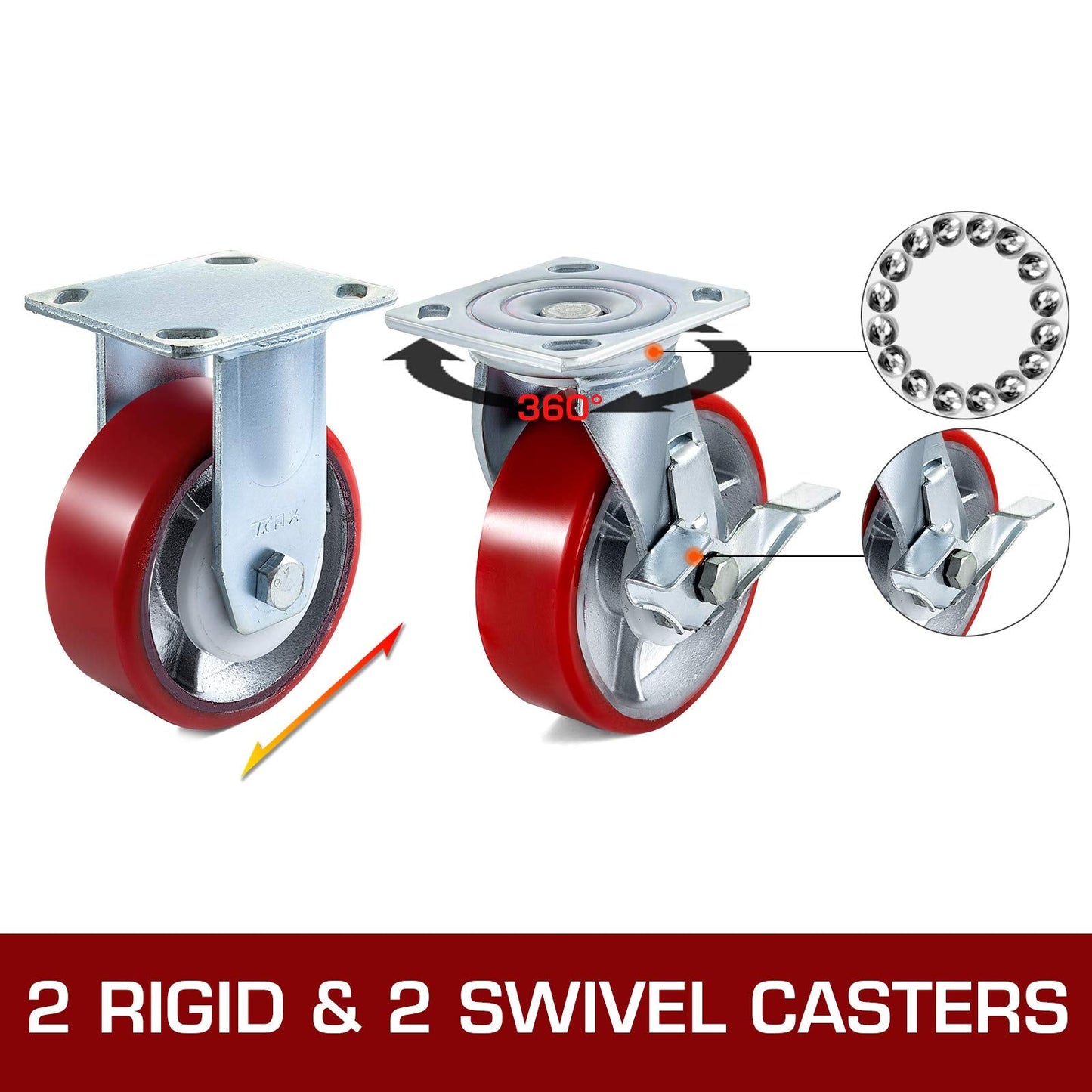 VEVOR Caster Wheels Set of 4, 6" Heavy Duty Casters (2 Rigid and 2 Swivel Casters with Side Brake) Polyurethane Iron Core Plate 4000LBS Capacity"
